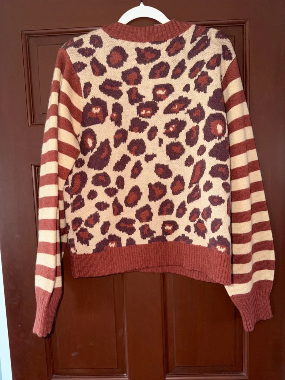 Frame Denim Leopard & Stripe Crewneck Sweater in Rust and Creamy Beige - Picture 3 of 4
